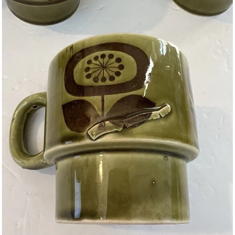 Vtg Retro Stackable Avocado Green Floral Ceramic Mugs Lot of 6 Japan READ - Picture 5 of 9
